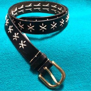 Donna Katz Narrow Black Leather Belt with White Cord Star Design Sz M